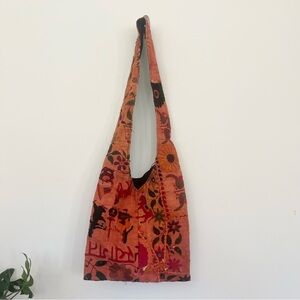 Embroidered Bohemian Hobo Floral Shoulder Bag Orange and Black w Animals Flowers